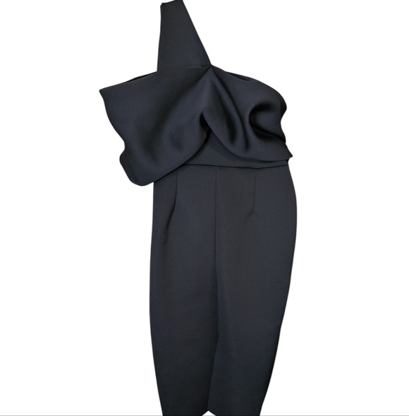 ASOS DESIGN peekaboo shoulder gathered midi pencil dress in black..size 14 - Picture 6 of 8